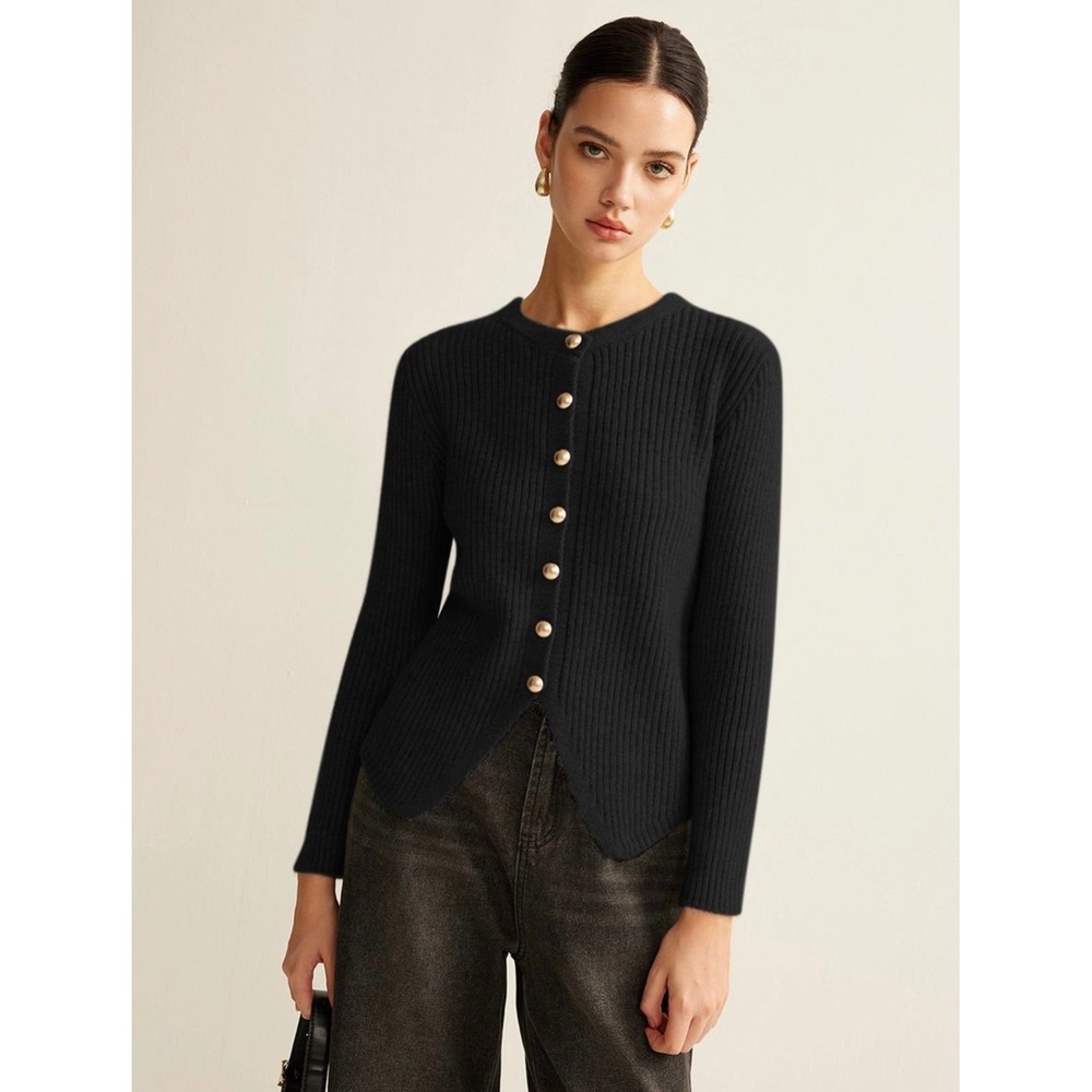 Commense Cardigan LG Black Ribbed‎ Knit Gold Button Split Hem Sweater Old Money